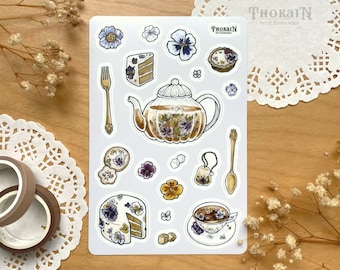 Floral Tea Party Sticker Sheet | Cozy Tea Sticker Set | Whimsical Pansy Stationery | Aesthetic Tea Planner Stickers | Tea Journal Stickers