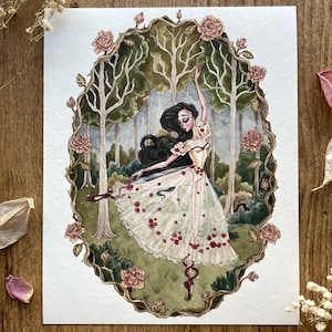 Enchanted Fairytale Forest Art Print | Fairycore Wall Decor | Ballerina Artwork | Vintage Fairytale Illustration | Dark Cottagecore Wall Art