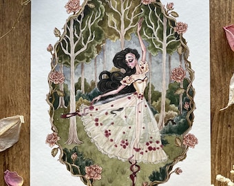 Enchanted Fairytale Forest Art Print | Fairycore Wall Decor | Ballerina Artwork | Vintage Fairytale Illustration | Dark Cottagecore Wall Art