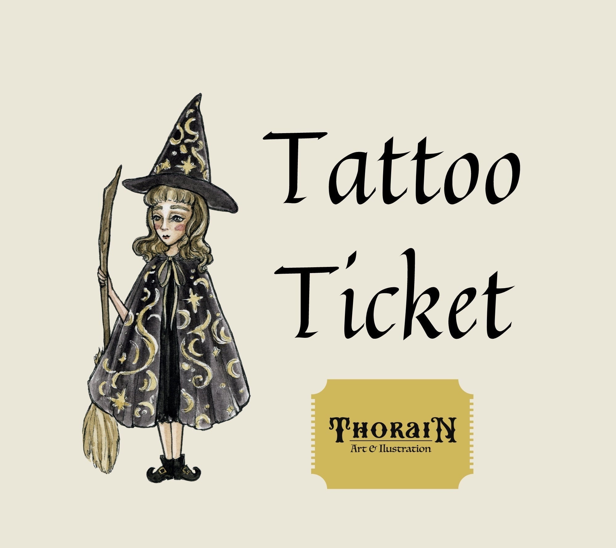 Tattoo Ticket - Witch Girl | Spooky Tattoo Art | Creepy Cute Tattoo Flash | Witchy Tattoo Design | Halloween Tattoo Print