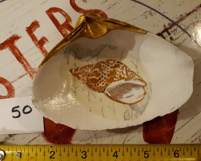 Large Decoupage Clam Shell Gold Backed JewelrySoap dish Assorted Shell