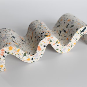 Handmade White Jesmonite Wiggle Soap Dish with Sage Green, Dark Green, Olive Green, Yellow, Orange and Lilac Terrazzo