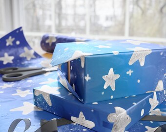 Sparkly Silver Stars on Blue Gift Wrapping Paper: Kids Birthday
