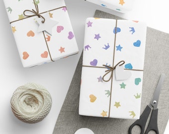 Sparkly Princess Gift Wrapping Paper: Stars, Hearts, Crowns - Colorful