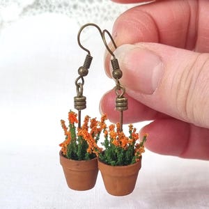Fun Dinky Plant Pot Drop Earrings with Orange Flowers. Bronze Fixings. Steampunk, Gardening Inspired.