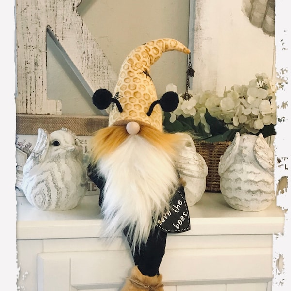 Save the Bees Gnome, Honeybee Gnome, Bee Decor, Kitchen Gnome, Farmhouse Decor, Large Sitting Gnome, Posable, Dangly Legs, Tiered Tray