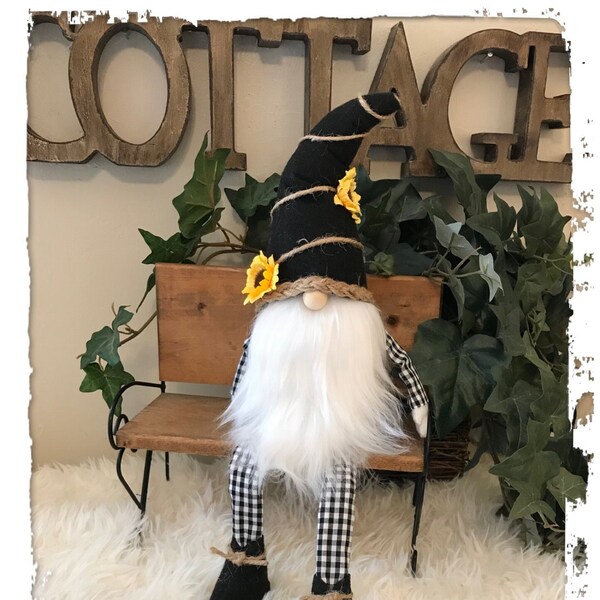 Sunflower Gnome, Fall Autumn Gnome, Farmhouse, Black White Gingham, Cottagecore, Large Sitting Gnome, Posable, Dangly Legs, Tiered Tray
