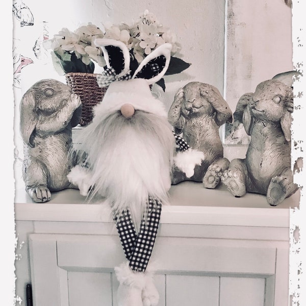 Farmhouse Bunny Gnome, Rabbit Gnome, Black and White Decor, Easter Gnome, Farmhouse, Large Sitting Gnome, Posable, Dangly Legs, Tiered Tray