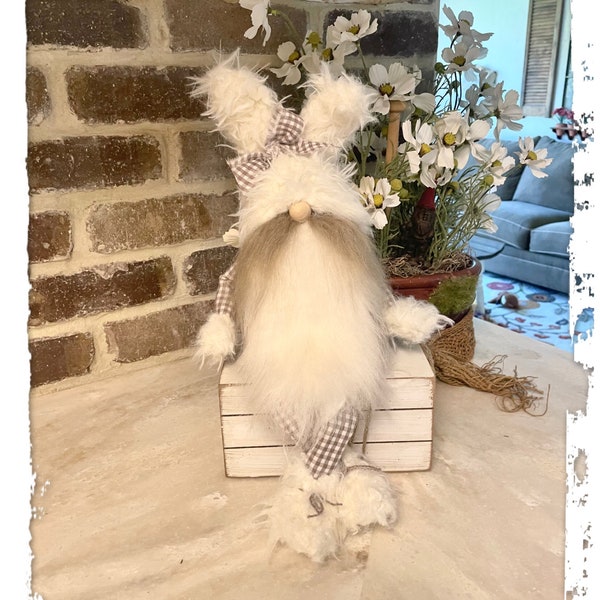 Cottagecore Bunny Gnome, Rabbit Gnome, Easter Gnome, Taupe Tan White Neutral Decor, Large Sitting Gnome, Posable, Dangly Legs, Tiered Tray