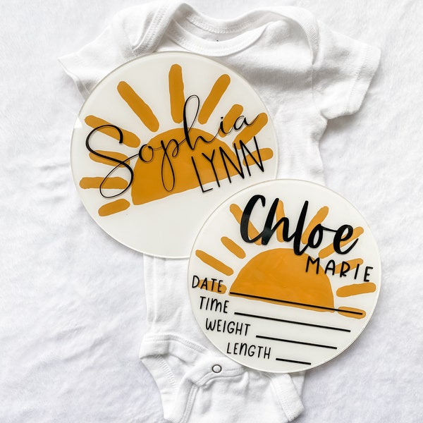 Boho Sun Birth Announcement Acrylic Disc for Hospital / Personalized Baby Name Birth Stat Sign / Boho Baby Shower Sunshine/Milestone Markers