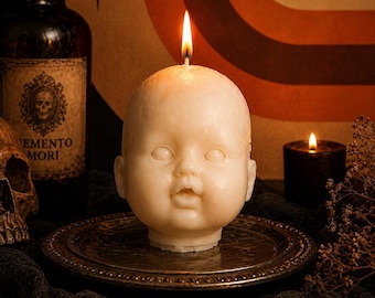 Creepy Baby Head Candle: Unique Doll Head, Handmade beeswax
