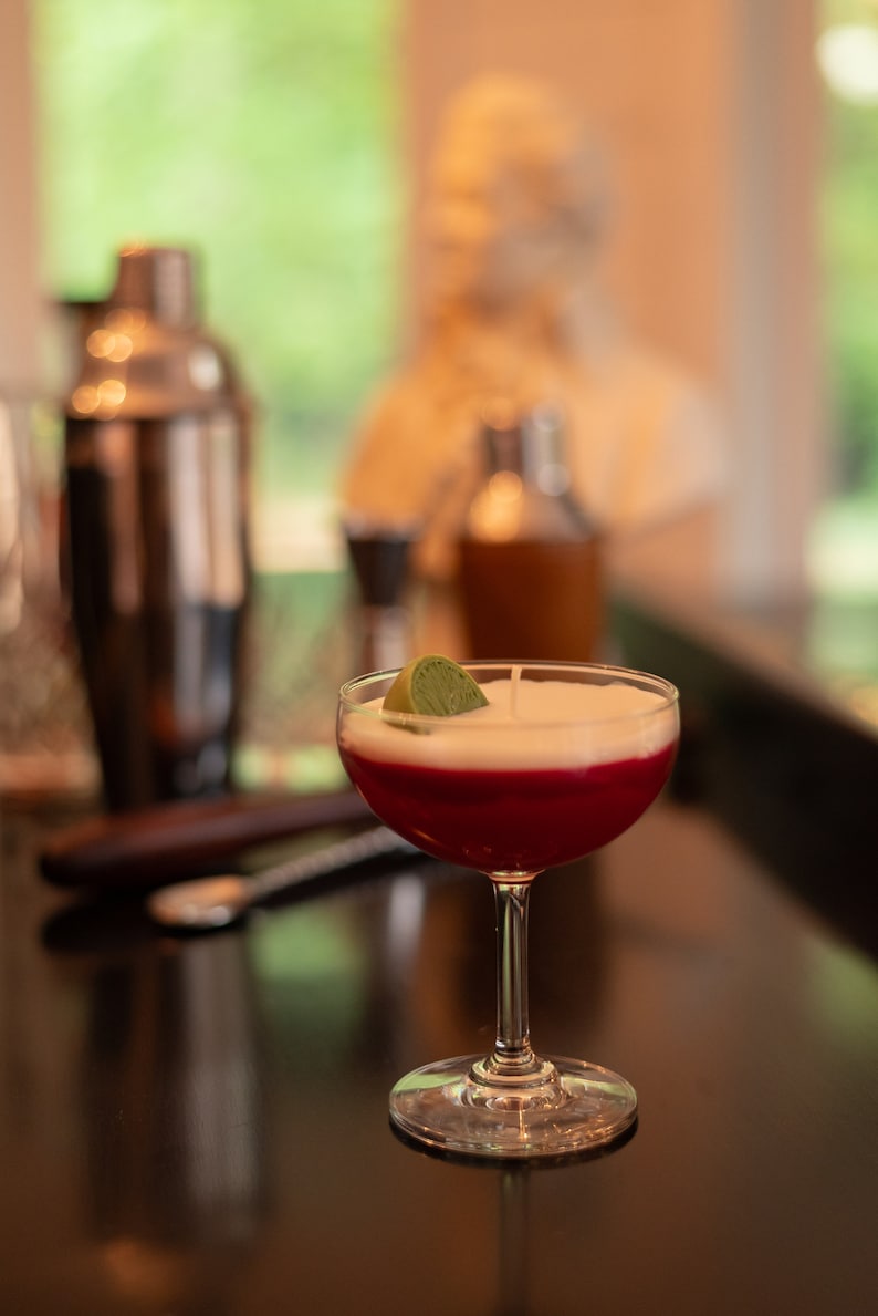 May include: A cocktail in a stemmed glass with a clear base, a deep red layer, and a white foamy top, garnished with a green slice. A stainless steel cocktail shaker and other bar tools are in the background.