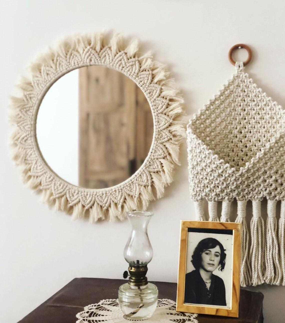 Macrame Mirror, Round Macrame Mirror, Ecru Macrame Mirror, Boho Mirror
