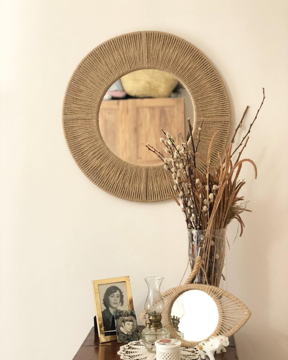 Jute Mirror Single Round Jute Mirror Boho Mirror Wall Etsy