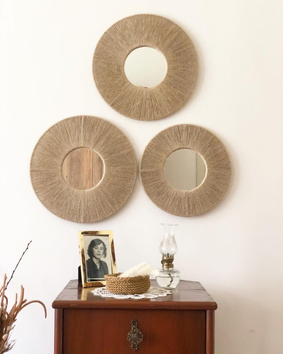 Jute Mirror Set Round Jute Mirror Jute Mirror Boho Mirror Etsy