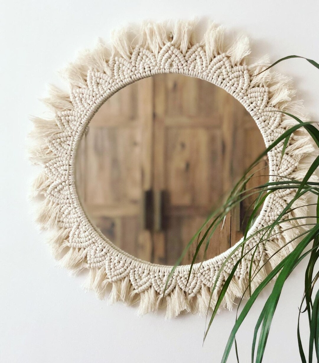 Macrame Mirror, Round Macrame Mirror, Ecru Macrame Mirror, Boho Mirror