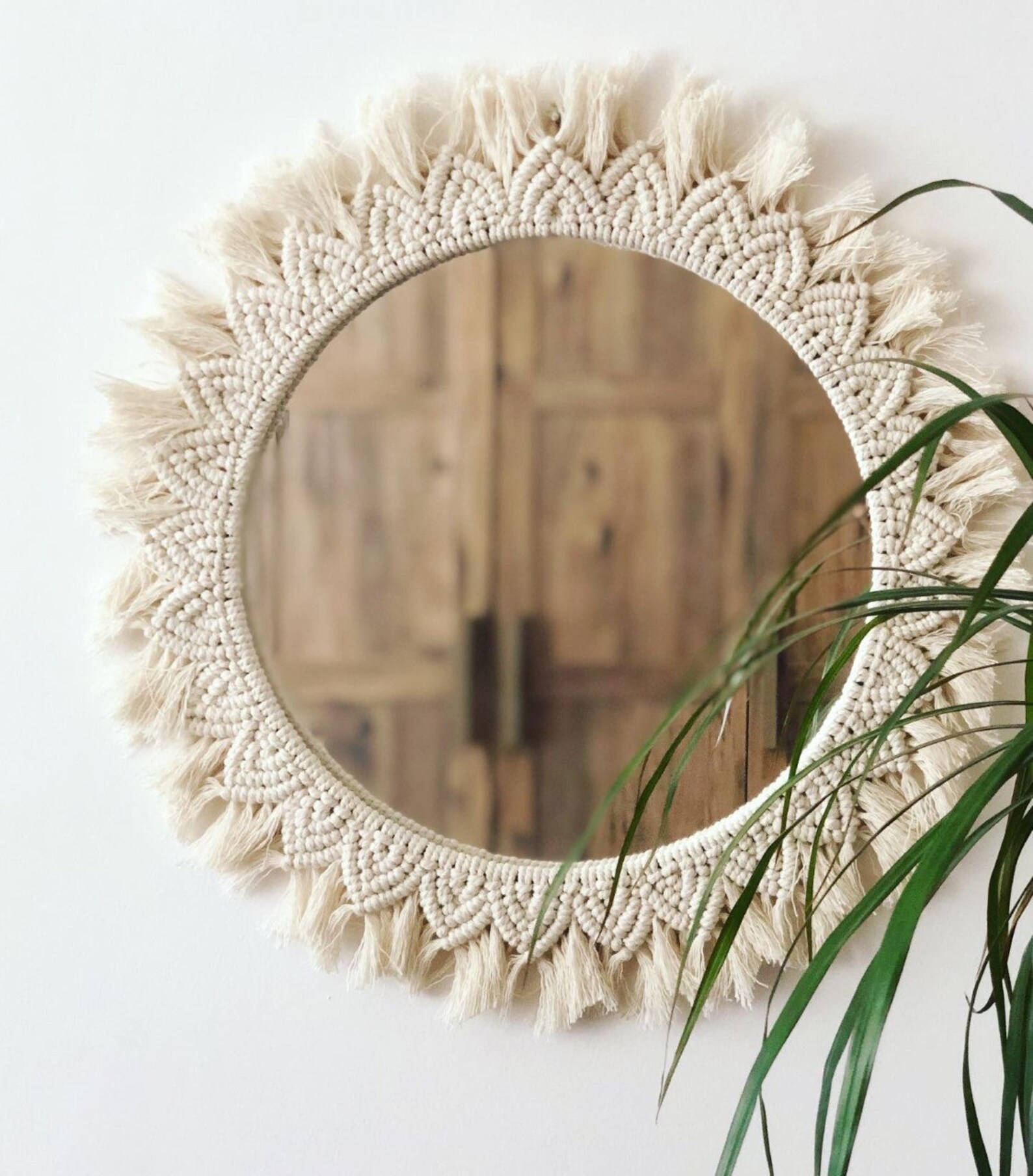 Macrame Mirror, Round Macrame Mirror, Ecru Macrame Mirror, Boho Mirror