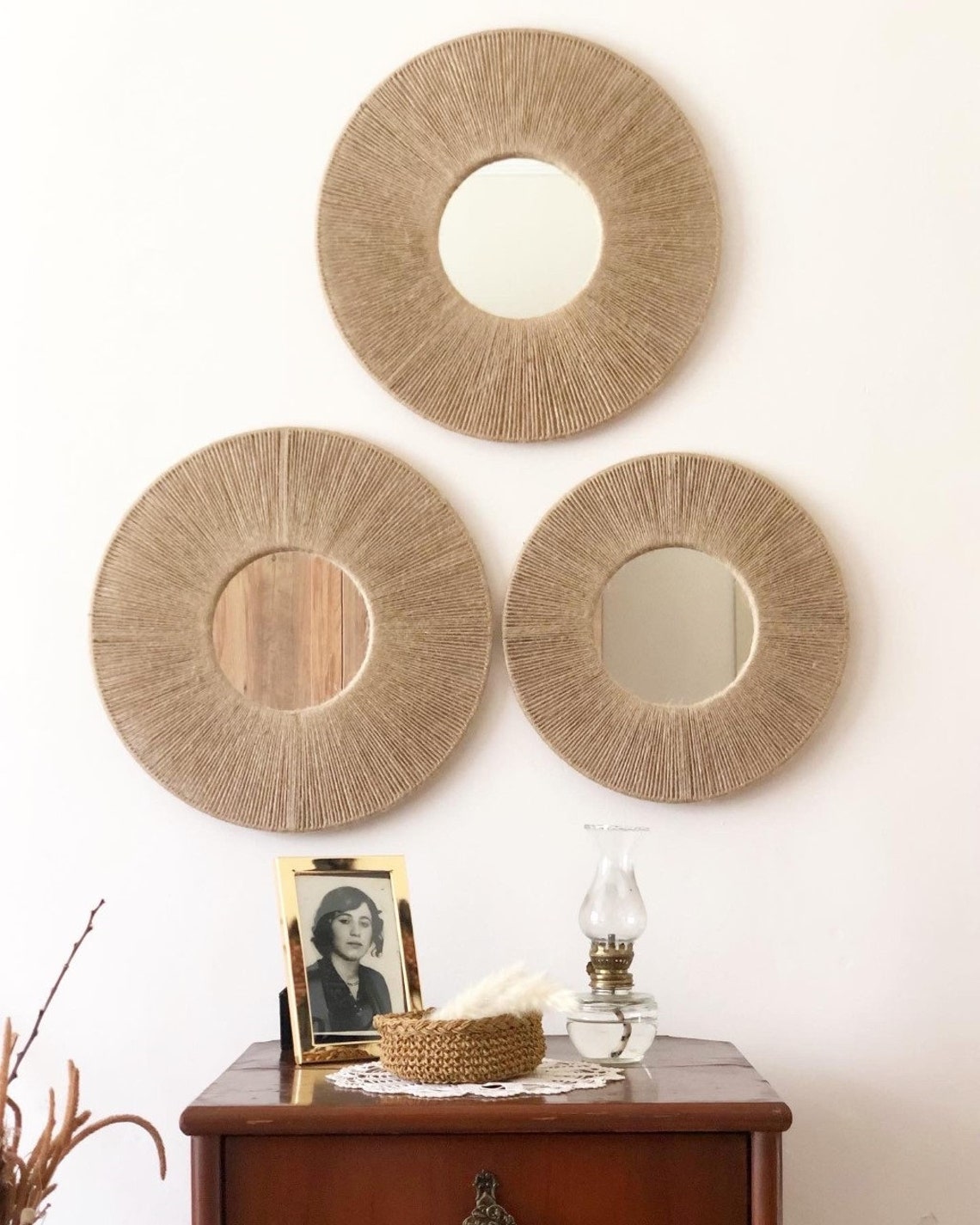 Jute Mirror Set Round Jute Mirror Jute Mirror Boho Mirror Etsy