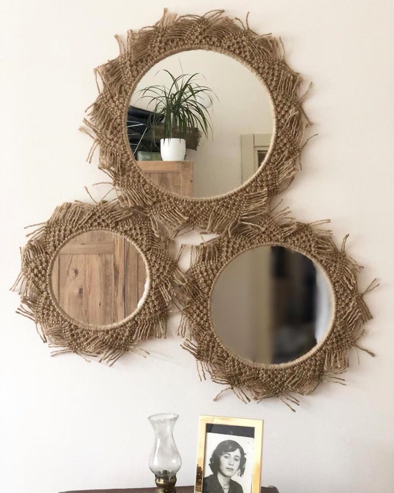 Jute Mirror Set Round Jute Mirror Jute Mirror Boho Mirror Etsy