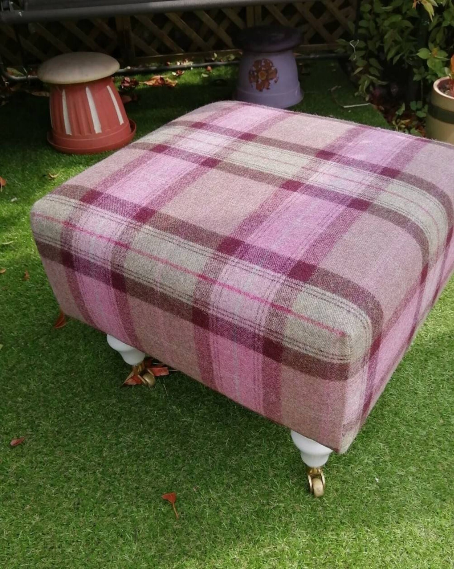 Large Upholstered Tartan Footstool in Beautiful Moon Fabric Etsy Ireland