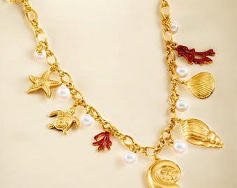 Gold charm necklace • charm necklace • stainless steel necklace • gold charm necklace • seashell, sea turtle, coral…