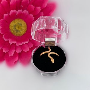 Peut inclure: Une bague serpent dorée présentée dans un écrin transparent à facettes avec un intérieur noir. La bague est enroulée en forme de serpent. Une grande fleur rose est en arrière-plan.