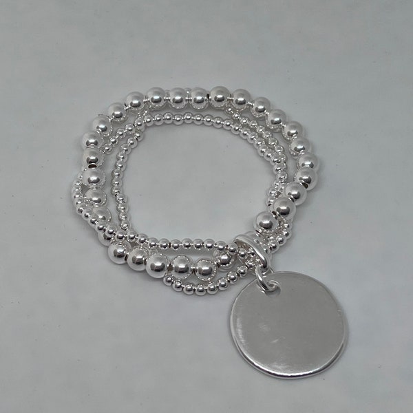 Bracelet de perles triple rangs argent 925 médaille ronde