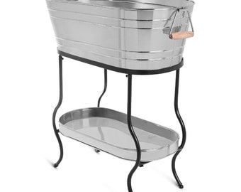 Steel Galvanized Beverage Tub with Stand and Tray - Oval Shape by MG Decor - Madhu Collection