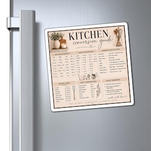 May include: A square kitchen conversion guide magnet with a cream background and black text. It features sections for dry measurements, liquid conversions, common substitutions, baking times, meat temperatures, and handy reminders with illustrations.