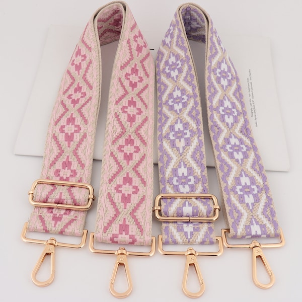 5cm Largeur Réglable Coton Broderie Sangle Bandoulière Sac à Main Poignée Chaîne, Sac à Main Poignée Sangle, Sac Croisé Chaîne Sangle, Ceinture de Sac Rose Violet