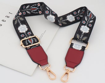 3.8cm Width New Style Adjustable Purse Strap Belt, Colorful Flower Nylon Webbing Shoulder Handbag Handle Chain, Crossbody black Bag Strap