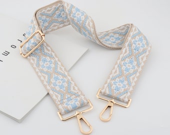 5cm Width Adjustable Cotton Embroidery Webbing Shoulder Purse Strap, Handbag Handle Chain, Crossbody Bag Chain Strap，Blue white bag strap