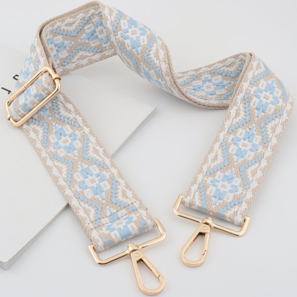 5cm Largeur réglable coton Broderie Sangle d’épaule Sangle de sac à main, sac à main Poignée Chaîne, Sac bandoulière Sangle de chaîne, Bracelet de sac blanc bleu