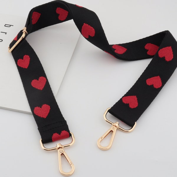 3.8cm Width Cotton black Bag Strap ，Purse Strap Belt, Red Love Heart Cotton Webbing Shoulder Handbag Handle Chain, Crossbody Bag Strap gift