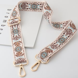 3.8cm Width Adjustable White Bag Strap, Crossbody Bag Strap，Canvas Sling Handle,Pattern Bag Straps, Replacement Bag Strap， Flowe Bag Strap