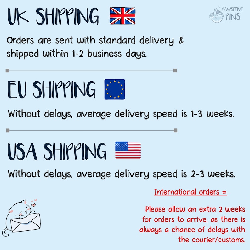 May include: A graphic with information about shipping times for orders from the UK, EU, and USA. The graphic includes flags for each country and text that states the average delivery time for each region. The text also states that international orders may take an extra 2 weeks to arrive.