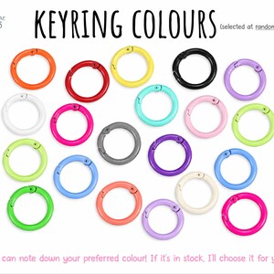 May include: A collection of circular metal spring gate rings in various colors including orange, red, yellow, black, purple, white, pink, lime green, turquoise, grey, blue, and cream. The text reads KEYRING COLOURS (selected at random) and You can note down your preferred colour! If it's in stock, I'll choose it for you!