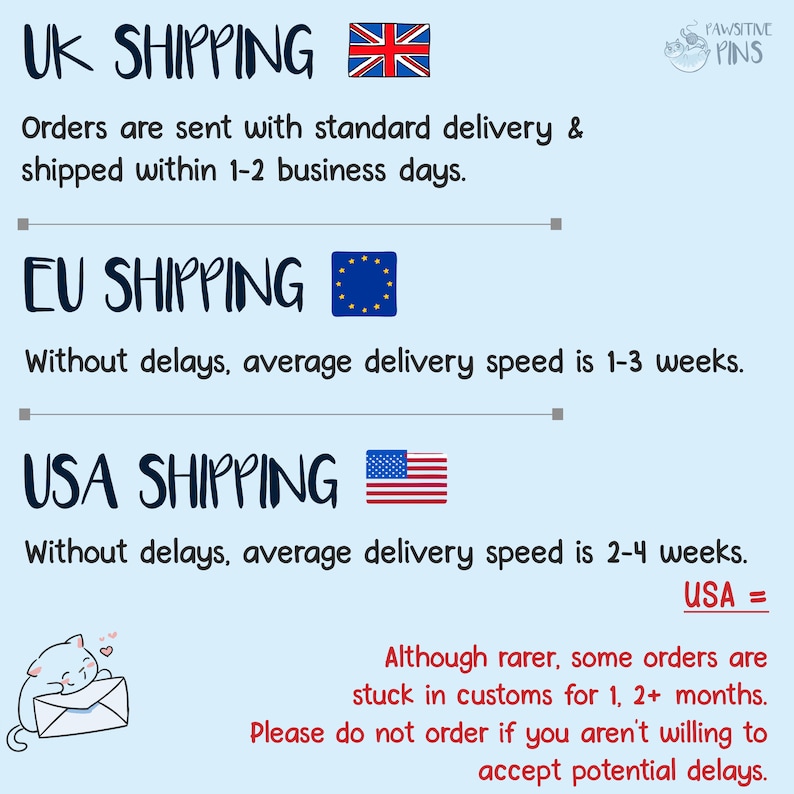 May include: A graphic showing shipping information for the United Kingdom, European Union, and the United States. The graphic includes flags for each region and text describing the average delivery speed for each region. The graphic also includes a note about potential delays for orders shipped to the United States.