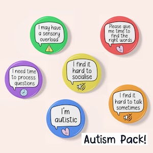 Conjunto de insignias de autismo / INCLUYE 6 insignias / Paquetes de insignias - Regalo de autismo - Conciencia del autismo