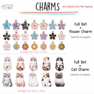 May include: A collection of colorful flower and cat charms. The flower charms are in various colors, with an average size of 1.3cm x 1.7cm. The cat charms are in different poses and colors, with an average size of 1.6cm x 2.4cm. Text on the image reads "CHARMS".