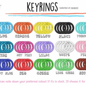 May include: A selection of keyrings in various colors, including blue, orange, yellow, black, turquoise, cyan, hot pink, lilac, white, pink, navy blue, red, green, lime green, and brown. The word "KEYRINGS" is displayed at the top.