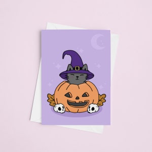 Cartolina di zucca gatto / biglietto di Halloween - Gatto nero - Strega - Regalo spettrale - Biglietti di gatto kawaii
