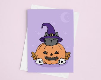 Pumpkin Cat Postcard | Halloween Card - Black Cat - Witch - Spooky Gift - Kawaii Cat Cards