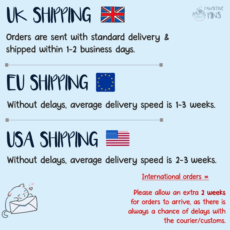 May include: A graphic with information about shipping times for orders from the UK, EU, and USA. The graphic includes flags for each country and text that states the average delivery time for each region. The text also states that international orders may take an extra 2 weeks to arrive.
