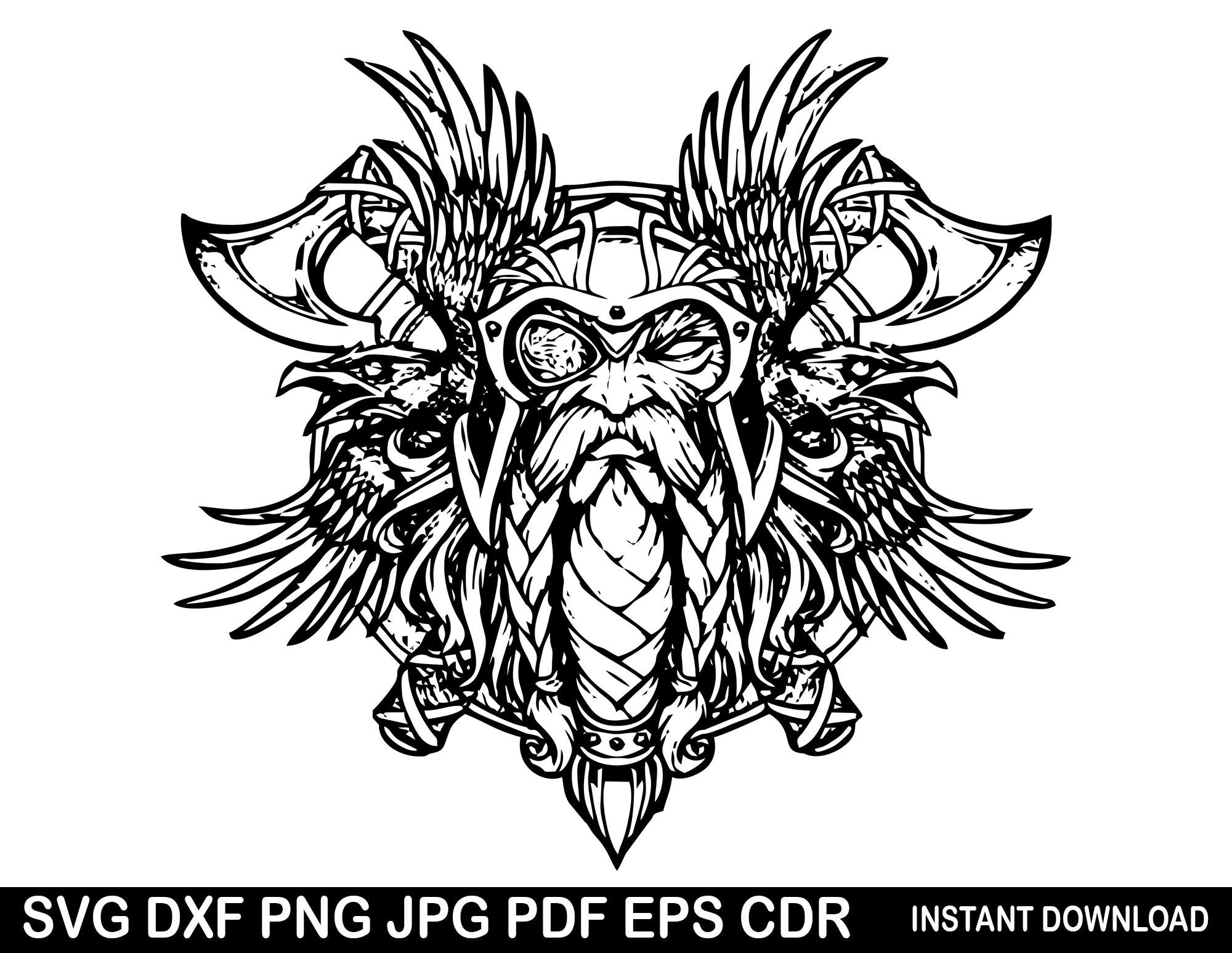 Head of Odin Norse God Front View Black and White Viking Etsy