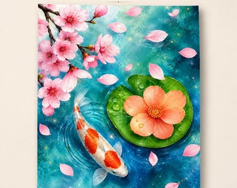 Lámina decorativa de estanque de carpas koi / Acuarela de flores de cerezo japonesas (descarga digital)