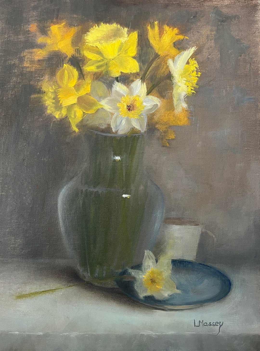 Original Oil Painting of Vase of Daffodils With Blue Saucer and Cup - Etsy