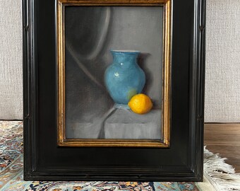 Original 9” x 12” Oil Painting of Blue Vase with Lemon