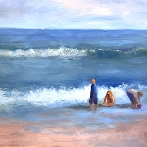 Original Oil Painting of Children Playing on the Beach