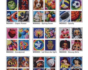 May include: Nine colourful dot-to-dot kits with various themes, including superheroes, spring, sports, candy, peace, girls, animals, Christmas, and princesses. Each kit features a different image and is labelled with a unique code and title.